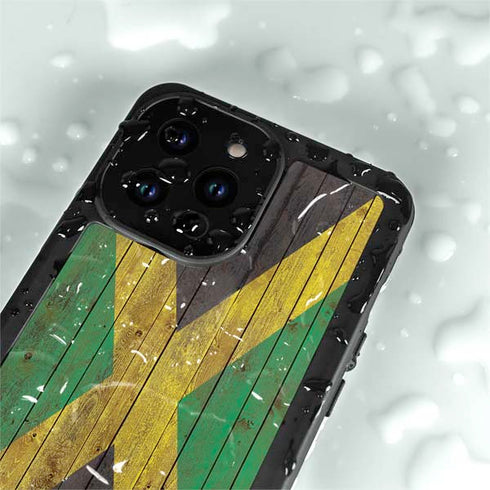 Jamaican Flag Dark Wood iPhone 15 Pro Waterproof Case